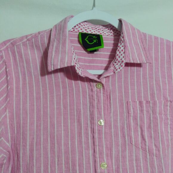 C Wonder Casual Pink Striped Button-Up Cotton Linen Spring Shirt Size L - Picture 2 of 6